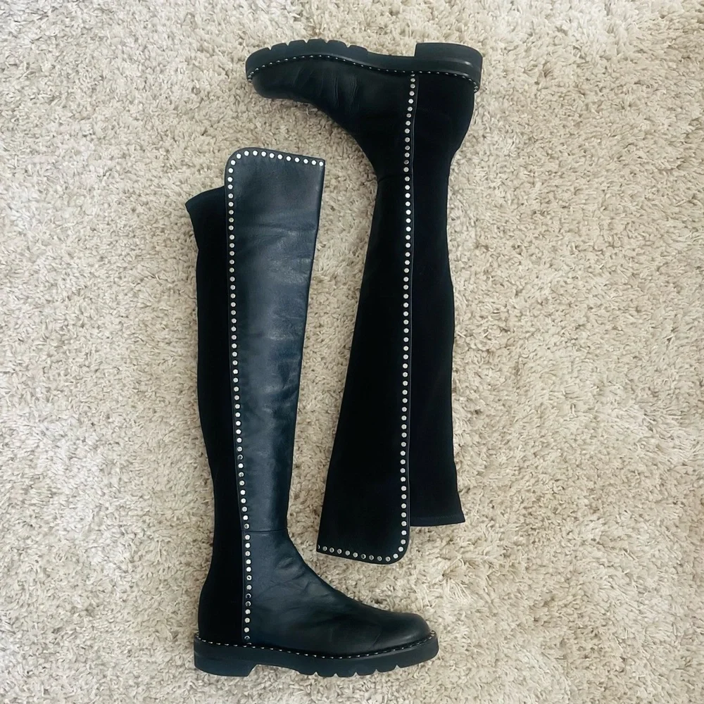 LIMITED EDITION STUART WEITZMAN 5050 Lift Studs Lug Over The Knee  Boots Black 8